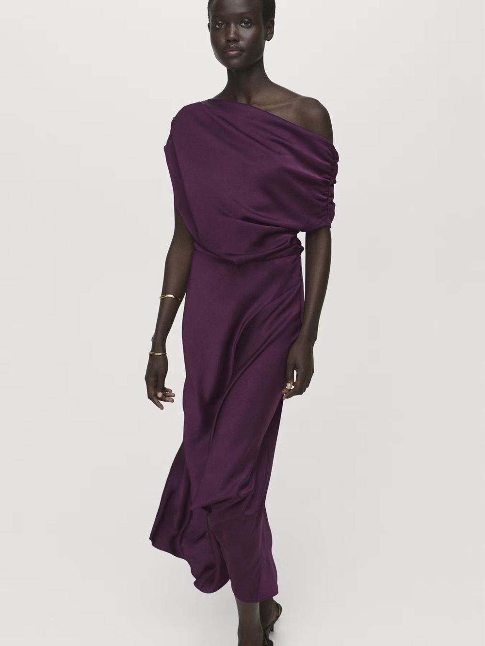 Mango One-Shoulder Plum Maxi Dress